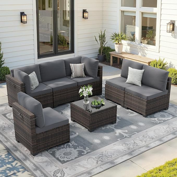 Soohow 7-Piece Patio Furniture Set, Outdoor Conversation Set, Thickened All-Weather Rattan Sectional Sofa with Tempered Glass Table for Garden, Porch, Backyard - Grey Cushions
