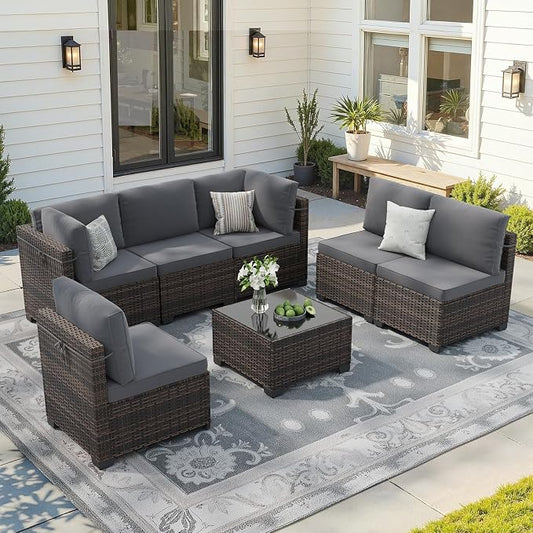 Soohow 7-Piece Patio Furniture Set, Outdoor Conversation Set, Thickened All-Weather Rattan Sectional Sofa with Tempered Glass Table for Garden, Porch, Backyard - Grey Cushions
