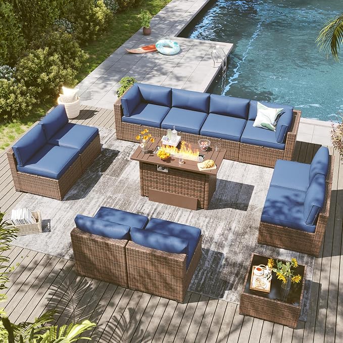 LazySunsets 12 Piece Outdoor Patio Furniture Set with 44'' Fire Pit Table, Outdoor Patio Furniture Sets with 4'' Thicken Cushion, Wicker Rattan Outdoor Conversation Set for Backyard, Blue