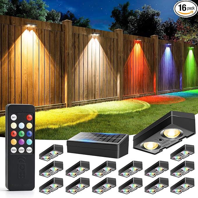 JOFIOS Solar Fence Lights with Remote, Warm White, Cool White and RGB Color Glow LED Outdoor Wall Lights, IP65 Waterproof Solar Lights for Fence, Backyard, Railing, and Deck, Home Improvement, 16 Pack