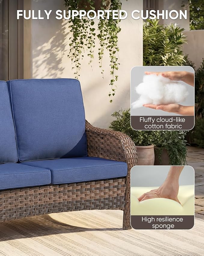 Patio Furniture Set - 9 Pieces All Weather Wicker Outdoor Furniture with 4 Swivel Chairs, 2 Ottomans, 1 Sofa,1 Side Table and Fire Pit Table, Ergonomic Design for Porch, Garden, and Backyard(Blue)