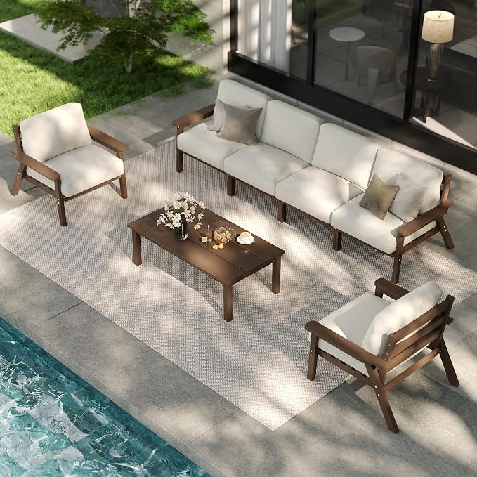 Patio Furniture Set 6 Seats, HDPE Outdoor Sectional with Beige Washable Thick Cushions, Coffee Table, Patio Conversation Sets for Lawn, Garden, Porch, Balcony, Deck (Brown Frame)