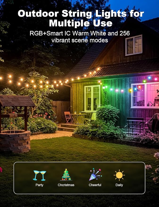 Outdoor String Lights 18 LED Bulbs, 64(52+12) ft RGB+IC+Warm White | APP Control with Remote，Outdoor Lights Music Sync for Garden Party Decor Christmas, NOT Extendable