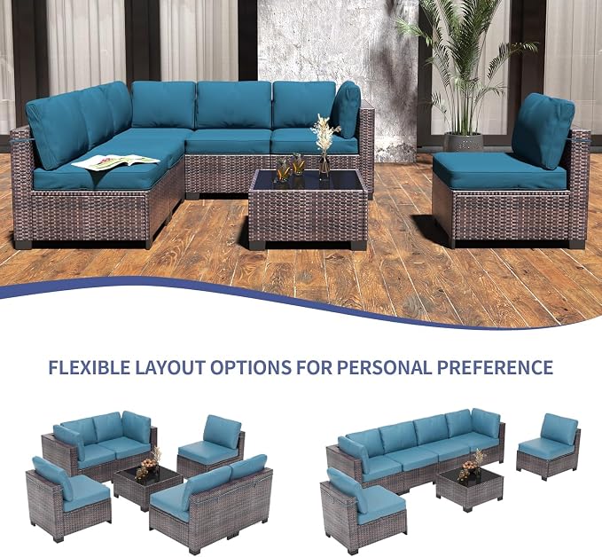 GarveeHome 7 Piece Patio Furniture Set, PE Rattan Wicker Sectional Sofa Set with Cushions & Glass Top Coffee Table, Outdoor Conversation Furniture for Garden, Balcony, Porch, Backyard