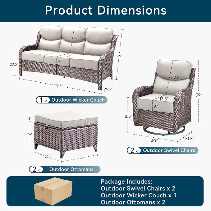 Luxury 5 Piece Patio Furniture Set-All Weather Outdoor Swivel Rocker Chairs with 6" Thick Cushions Multifunctional Ottoman Rattan Patio Conversation Sets for Porch Deck Garden Backyard(Brown/Beige)