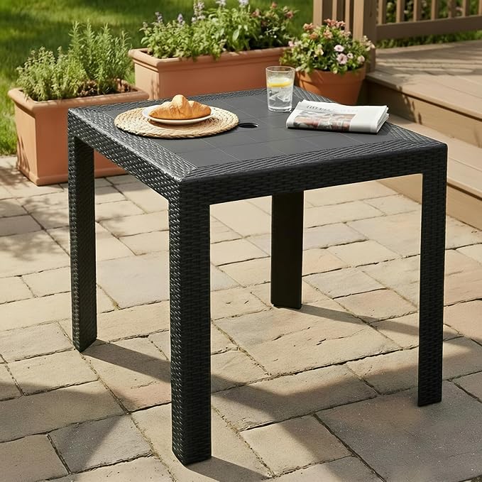 LeisureMod Mace Modern Weave Design Outdoor Patio Square Dining Table (Black)