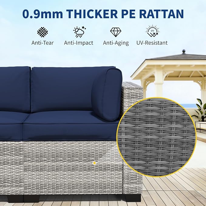 SHGJ&SOFT 4pcs Patio Furniture Set, Outdoor Loveseat Couch, Waterproof Rattan Sofa with Storage,Patio Couch Sets Wicker Furniture for Porch,Balcony (Grey&Blue, 7pcs)