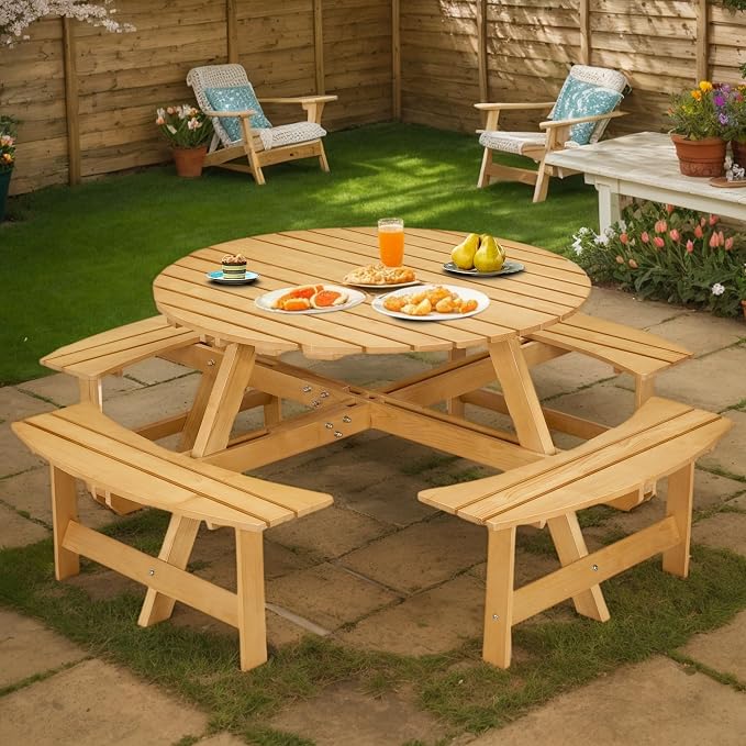 8 Person Outdoor Dining Table, Round Picnic Table with 4 Built-in Benches and Umbrella Hole, Outside Garden Backyard Table and Bench Set, 500lbs Capacity Per Bench (Natural)