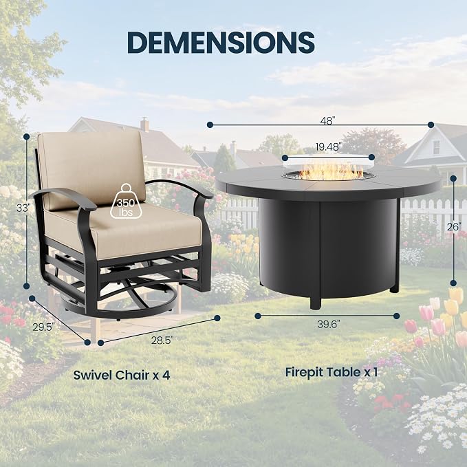 Aluminum Outdoor Patio Furniture Set,5 Pieces 4 Seats Patio Conversation Sets with 48" Round Propane Fire Pit Table,Metal Furniture Set with Thick Cushion,Sand