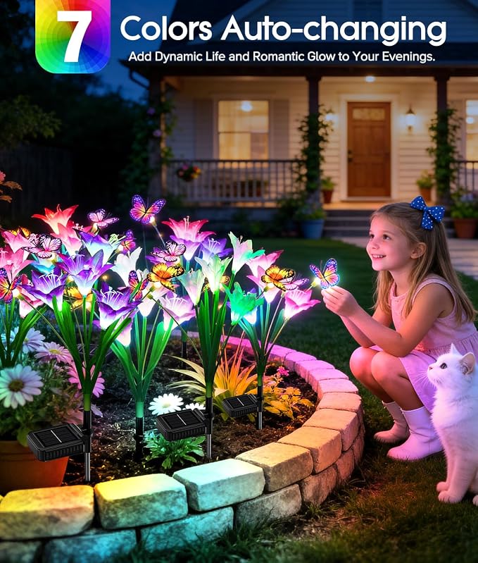 KOOPER Solar Lights Outdoor Garden Decor 6 Pack, 24 Lily Flowers and 18 Swaying Butterflies, IP65 Waterproof 7 Color Changing Solar Flower Lights for Yard Patio Pathway, Gifts for Mom Women Grandma