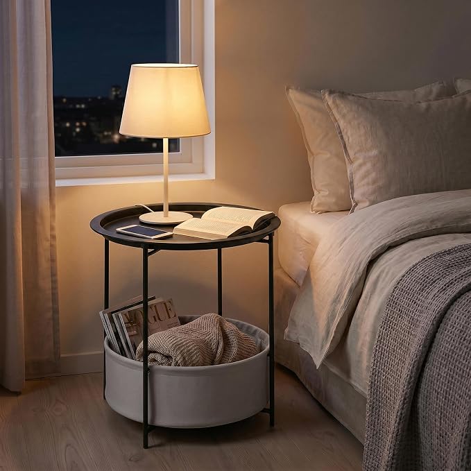 VECELO Round Side/End Table with Fabric Storage Basket，Metal Anti-Rust and Waterproof Small Bedside Nightstand with Removable Tray Top for Living Room，Balcony & Laundry，Black /1pcs with Basket