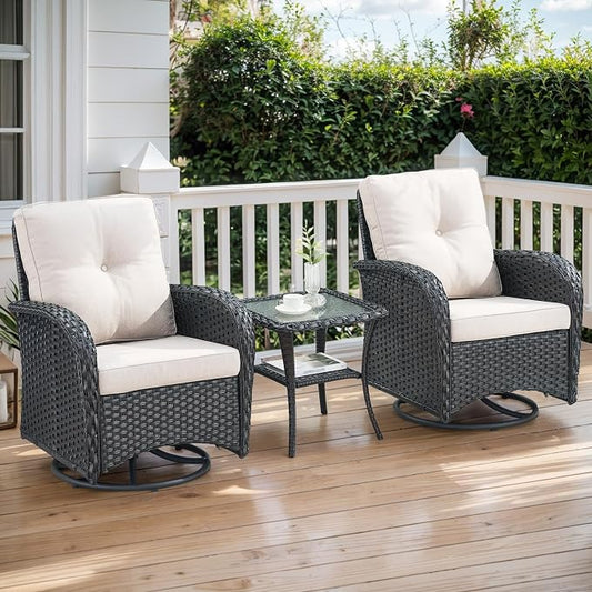 Outdoor Swivel Glider Rocker Chairs - 3 Piece Patio Furniture Set, Patio Bistro Sets with Tempered Glass Side Table, for Balcony, Porch - Black Wicker Beige Cushion