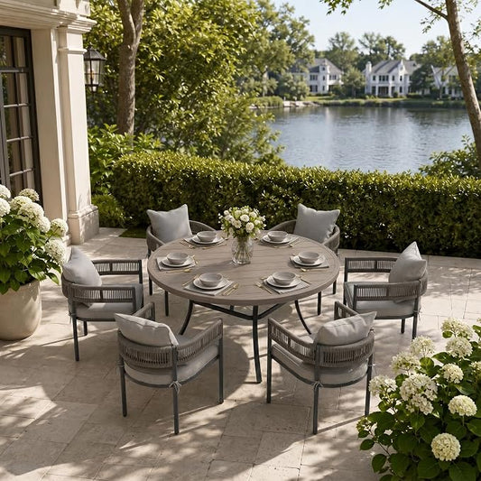 VICLLAX Patio Dining Set, 53" Grey Table & 6 Chairs with Grey Cushion | Outdoor Table and Chairs Set of Round Metal Patio Table, Outdoor Dining Chairs with Metal Frame, Garden Deck Porch