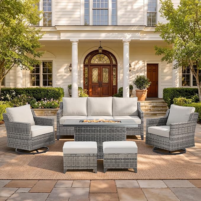 Belord Patio Wicker Swivel Rocker Patio Chairs with 3-Seater Sofa and 42.5" Fire Pit Table, Outdoor Furniture Set for Deck Porch Garden, 5 Piece Patio Conversation Furniture Set,Beige
