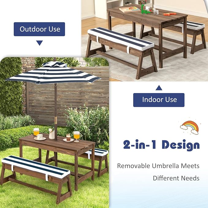 Olakids Kids Picnic Table, 2 in 1 Outdoor Toddler Wooden Table and Chair Set with Removable Cushions Height Adjustable Umbrella, Children Activity Furniture Bench for Patio Garden Backyard (Blue)
