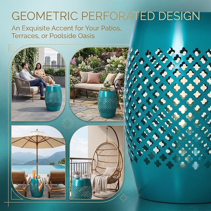 Teal Steel Outdoor Side Table, 12.5" Round Hollow Drum Patio End Table with Geometric Lattice Design, Decorative Metal Accent Table for Garden, Balcony, Living Room, No Assembly