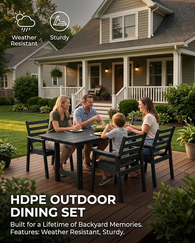 5 Piece HDPE Outdoor Dining Set for 4, Patio Dining Furniture Set with 2” Umbrella Hole, Weather Resistant Outdoor Table and Chairs for Garden, Poolside, Backyard, Deck