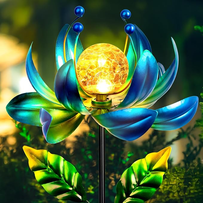 Solar Wind Spinners Outdoor Metal Kinetic Lotus Flower, Pinwheels for Yard and Garden Decor with Warm Crackle Glass Globe, 360° Spinning Yard Art Sculpture