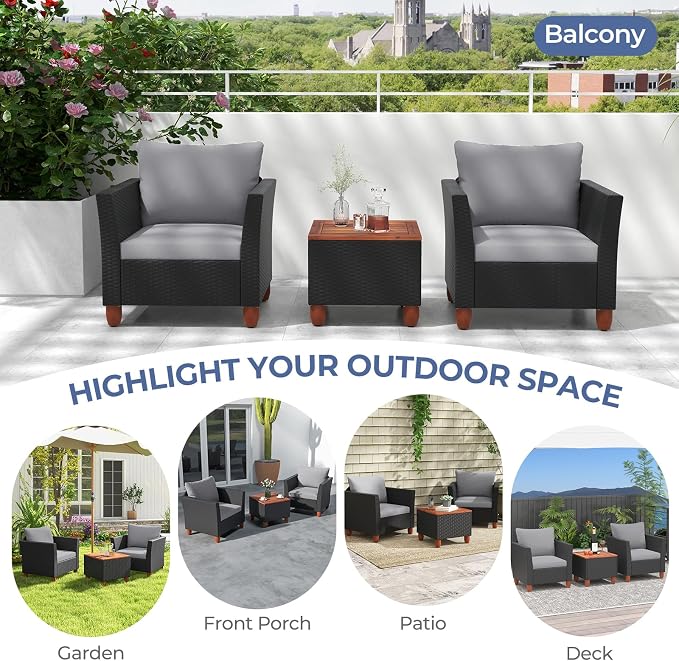 ORALNER 3 Pieces Patio Furniture Set, Outdoor Wicker Conversation Chairs with Cushion, Acacia Coffee Table, Rattan Bistro Set for Balcony Garden Backyard Front Porch Poolside (Grey)