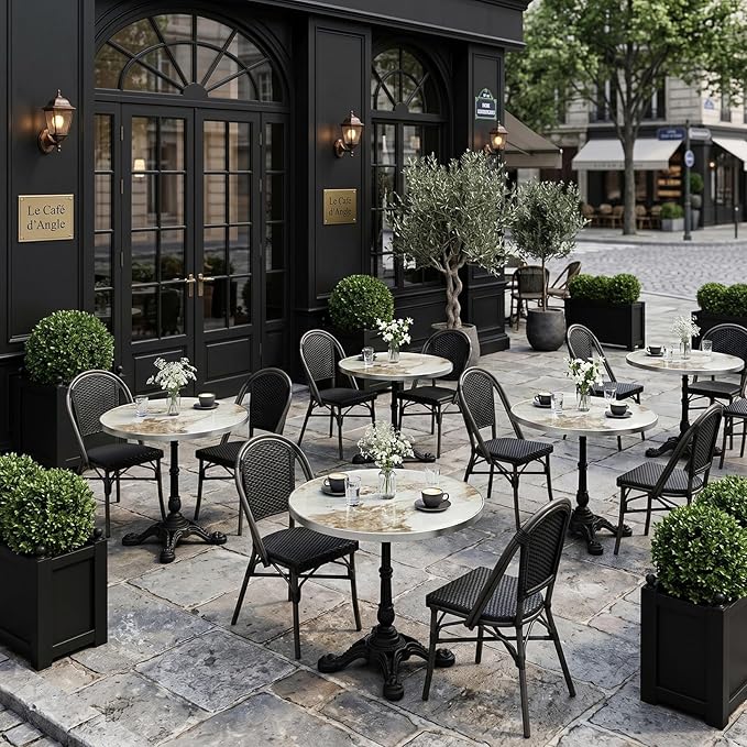 31.5" Outdoor Tulip Dining Table with Sintered Stone Tabletop and Cast Iron Base, Antique Patio Bistro Table for 2-4 Person for Indoor Outside Cafe Restaurant Backyard Garden (Platinum Cloud)