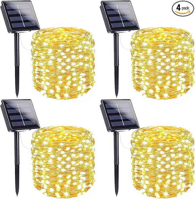 Solar Fairy Lights, 4 Pack Total 400LED 144FT Waterproof String Lights | Warm White, Copper Wire, 8 Lighting Modes Solar Twinkle Lights for Tree Garden Patio Party Outdoor Christmas Decorations