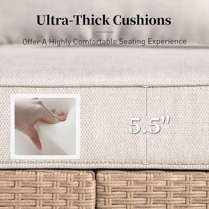 SUNSHINE VALLEY Patio Furniture Set 4 pcs, Wicker Rattan Sofa with 5.5” Thick Waterproof Cushions, 2 Chairs and Coffee Table, All Weather Outdoor Conversation Set for Backyard Deck, 5 Seats Beige