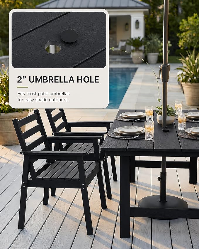 7 Piece HDPE Outdoor Dining Set for 6, Patio Dining Furniture Set with 2” Umbrella Hole, Weather Resistant Outdoor Table and Chairs for Garden, Poolside, Backyard, Deck