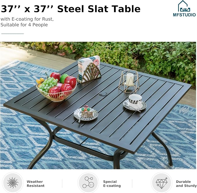 MFSTUDIO 5 Pieces Outdoor Rattan Dining Set, Patio Square Table and Wicker Chairs for 4, Outdoor Metal Table Set for 4 with Chairs, Wicker Patio Dining Furniture for Backyard, Porch