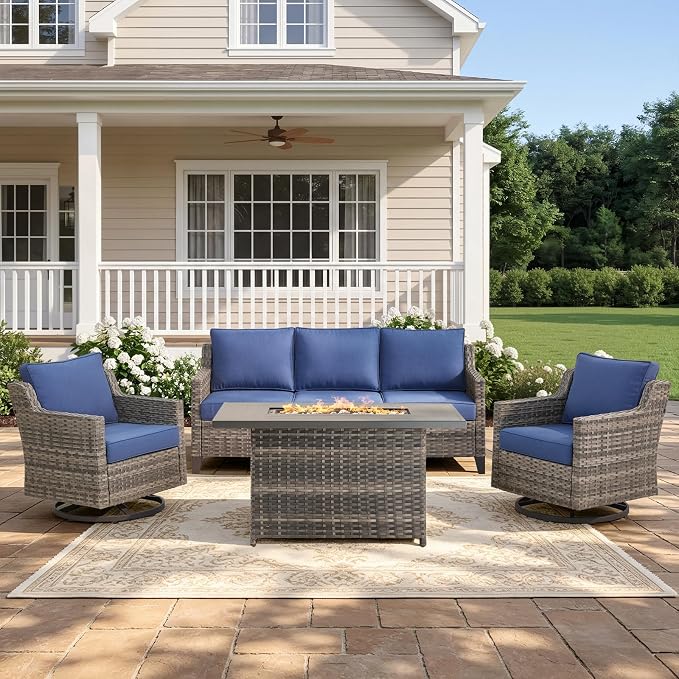 Belord Patio Furniture Set with Swivel Chair and 42.5" Fire Pit Table Sofa, Outdoor Furniture Set for Deck Porch Garden, 4 Piece Conversation Set,Blue