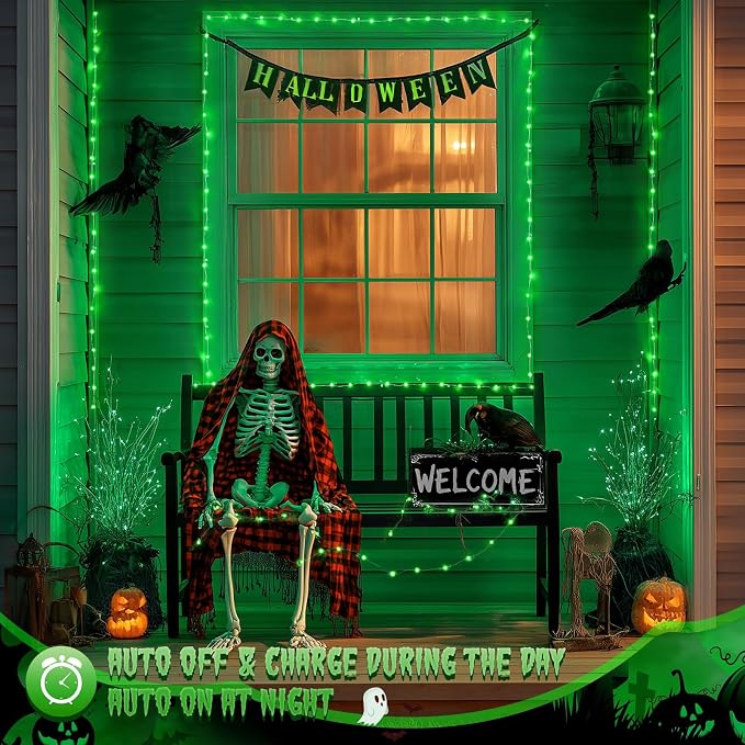 JMEXSUSS 4 Pack Solar Fairy Lights, 100 LED 33FT Green Halloween Lights | Outdoor Waterproof, 8 Modes Copper Wire Solar String Lights for Patio Garden Yard Tree Christmas Halloween Decorations