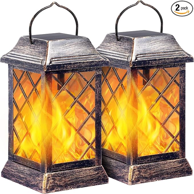 TomCare Flickering Flame Solar Lights Outdoor Metal Hanging Lantern, 2 Pack | Realistic Flame Effect, Charges in 6-8 Hours, 10-12-Hour Runtime, IP65 Waterproof, Auto On/Off for Patio, Garden and Porch