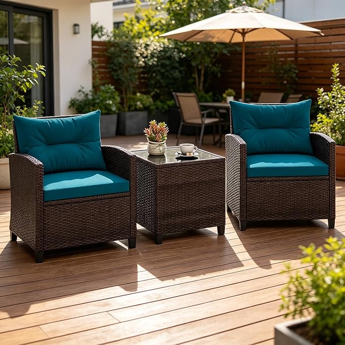 ORALNER 3 Pieces Patio Furniture Set, Outdoor Wicker Conversation Set Rattan Chairs with Cushions, Glass Coffee Table, Bistro Set for Front Porch Balcony Garden Deck Poolside (Peacock Blue)