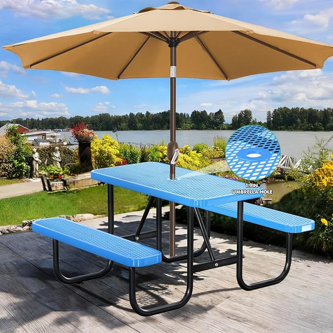 4FT Rectangular Outdoor Picnic Table with Attached Benches, Heavy-Duty Expanded Metal Mesh Patio Table, Commercial-Grade Outdoor Seating for Park, Backyard, Deck, Lawn, Blue