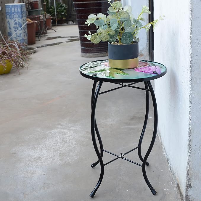 12 Inch Round Hummingbird Glass Side Table, Patio Small Table, Outdoor Side Table, Outdoor Bar Table, Metal Glass End Table for Porch Garden Patio Pool Living Room