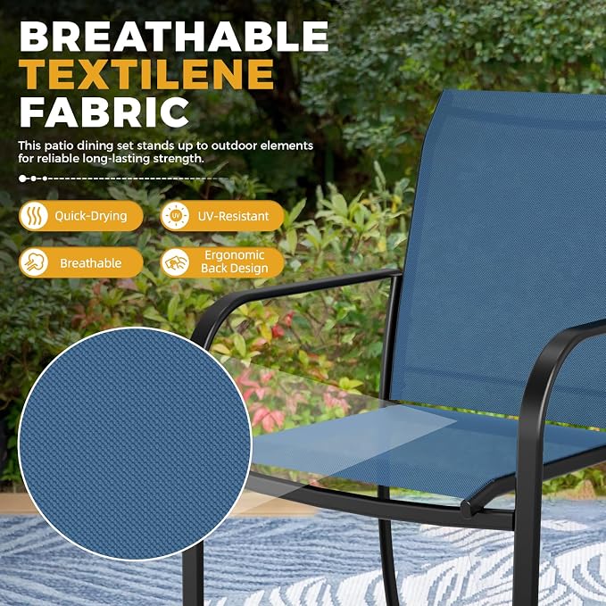 5-Piece Patio Dining Set,4 Person Outdoor Table and Chairs Set, 4 Metal Dining Chairs and Square Outdoor Table with 1.57" Umbrella Hole,Blue