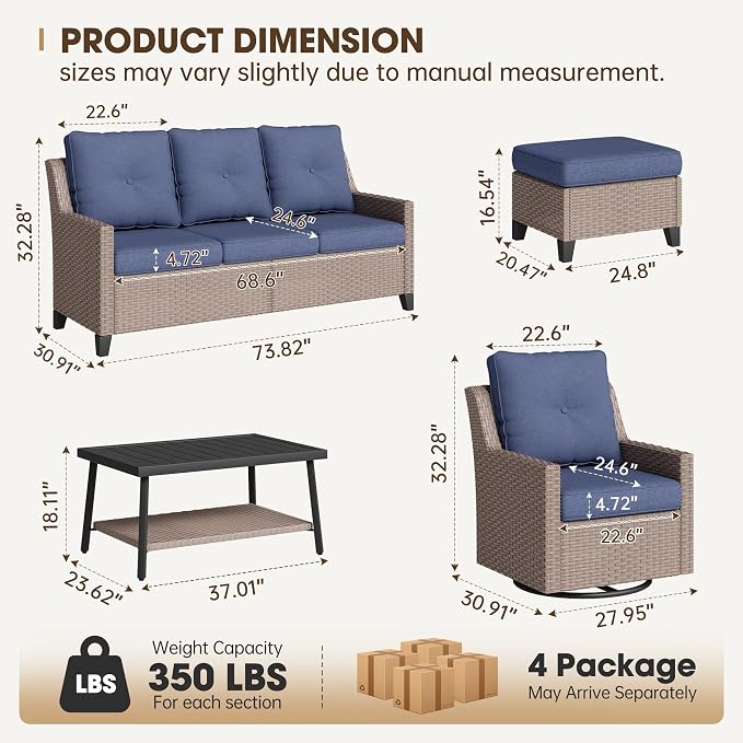 NestNook 6 Piece Patio Furniture Set, Outdoor Furniture Wicker Swivel Chairs Set of 2 with 3-Seater Sofa, 2 Ottomans and Coffee Table Patio Conversation Set for Backyard Balcony & Poolside（Blue）