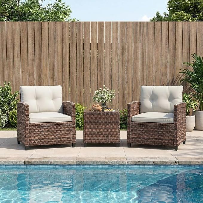Garvee 3 Piece PE Rattan Patio Furniture Set, Outdoor Chairs and Table Set with Tempered Glass Tabletop and Cushions, Patio Conversation Set for Patio, Balcony, Poolside, Brown and Beige