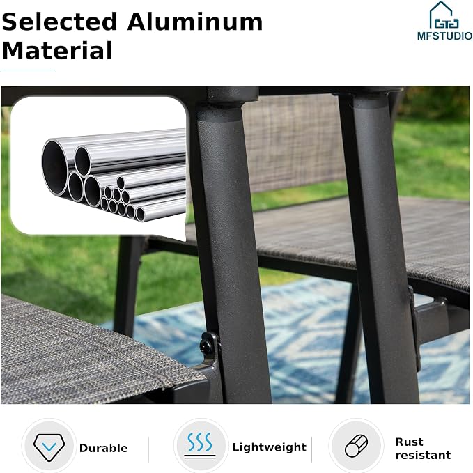 MFSTUDIO 5 PCS Outdoor Dining Set, Round Table & Aluminum Chairs, Grey | Stackbale textilene chairs, Light-weight & space-saving, Square Table, Umbrella Hole, Patio deck, 4 person