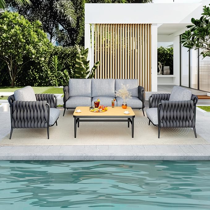 Jocoevol Patio Furniture Set, 5-Seat Outdoor Sofa Furniture Deep Seating with Coffee Table, Metal Patio Conversation Sets with Waterproof & Extra-Thick Cushions for Garden, Poolside, Backyard