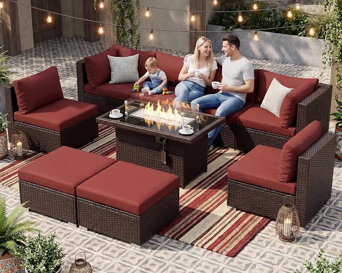 BULEXYARD 9 Piece Highback Patio Furniture Set with Fire Pit Table, Modern Modular Outdoor Sectional Couch Sofa with Ottoman, 8-Person Backyard Seating for Outside, Deck, Brown Wicker & Red Cushion