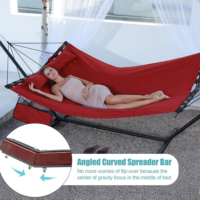 TegerDeger 12FT 2 Person Hammock with Stand Included 55 x 79IN Large Hammock 450LB Capacity with Hardwood Spreader Bar & Nylon Rope for Outside, Patio, Garden, Backyard, Beach - Deep Red