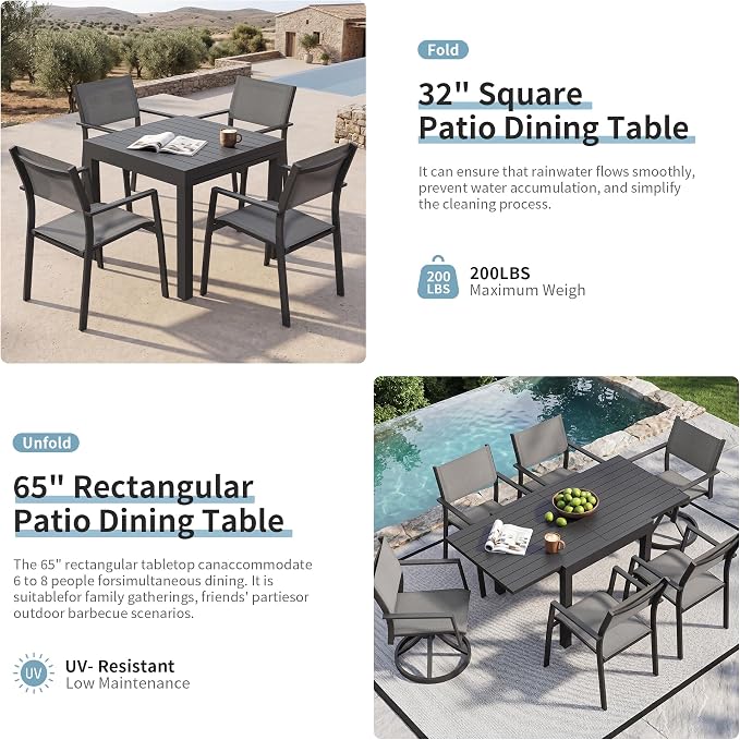 Expandable Patio Dining Table for 4-6 Person, Aluminum Extendable Outdoor Table, 32"-65" Adjustable Patio Table, Square/Rectangular Outdoor Accent Table for Garden, Backyard, Poolside, Black