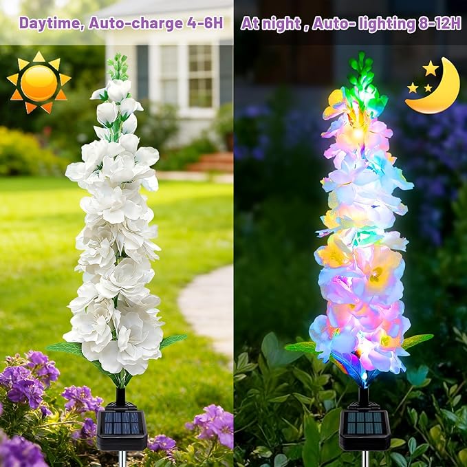MRHEPHAESTUS Solar Garden Lights, Delphinium Flowers 2 Pack 40 LEDs, Waterproof Outdoor Lights Two Lighting Modes for Wedding Party Garden Yard Patio Lawn Decor and Gift for Mother