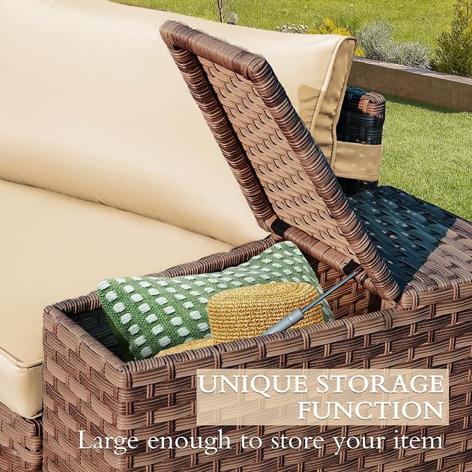 ECOTOUGE 7 Piece Patio Furniture Sets, Half-Moon Circle Conversation Set, Curved Wicker Outdoor Sectional with 2 Storage Armrests and Glass Coffee Table, Garden Balcony and Backyard (Beige)