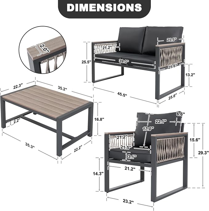 NUU GARDEN 4 Pieces Outdoor Patio Furniture Set, 4 Seats Sectional with Coffee Table, All Weather Wicker Patio Conversation Sets with Armrests and Cushions,Patio Set for Backyard, Garden and Poolside