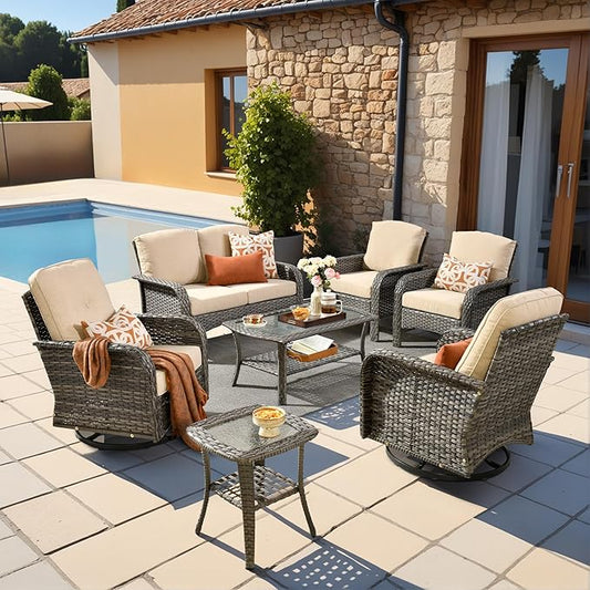 7 Pieces Outdoor Patio Furniture Set with Coffee Table, All Weather Wicker Patio Conversation Sets with Rocking Chairs, Balcony Furniture Sets for Backyard, Garden, Poolside, Beige
