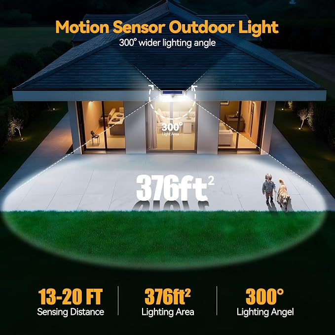 TECKNET 416 LED Solar Powered Outdoor Lights Motion Sensor Security Lights | 300° Wide Angle,3 Lighting Modes,Waterproof Solar Lights 4 Pack Cold White for Fence,Garden,Yard,Door and Outdoor Areas
