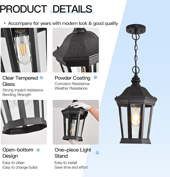 Large Outdoor Pendant Light 17.9" Black Hanging Lantern Lights