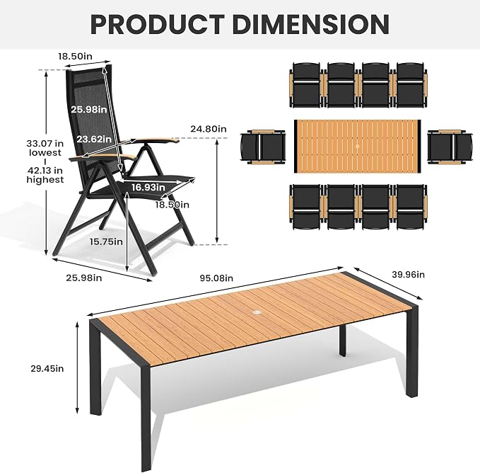 11-Piece Patio Dining Set,95in Aluminum Outdoor Table with 10 Chairs | Adjustable Reclining Back& Wood Grain Tabletop with Umbrella Hole for Garden Backyard Porch, Brown