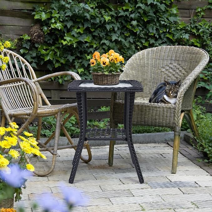 Outdoor Wicker Side Table, Rattan End Table with Glass Top, Patio Coffee Bistro Table for Indoor Garden Porch Balcony (Black)